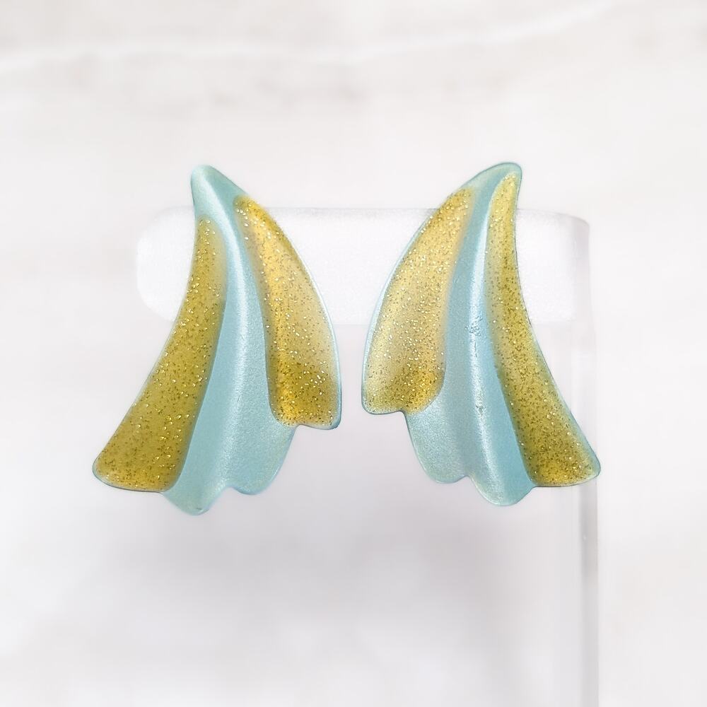 Vintage Clip On Earrings Extra Large 1.75" Seafoam & Yellow Glitter Retro